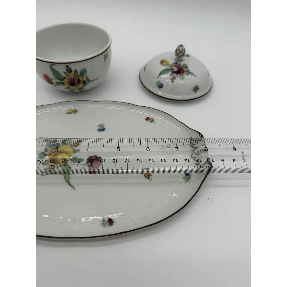 Antique Nymphenburg Porcelain Floral Sugar Bowl & Tray Basket Weave Set 2 PCs